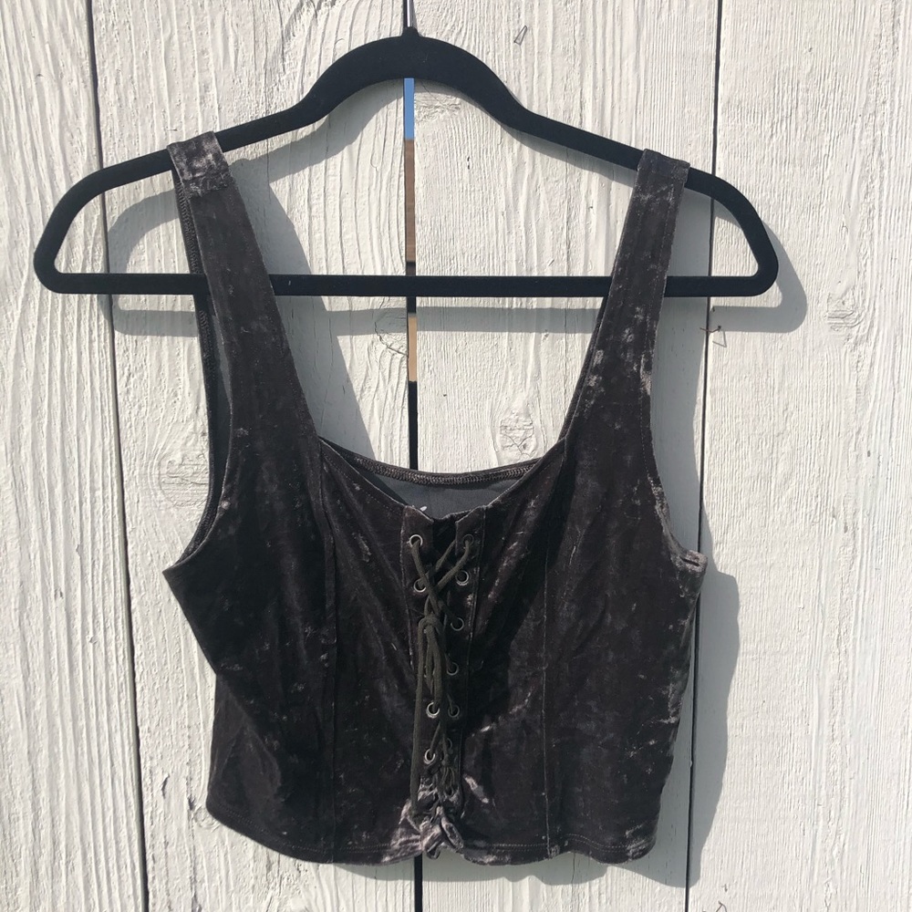 Olive green velvet lace up corset style crop top
